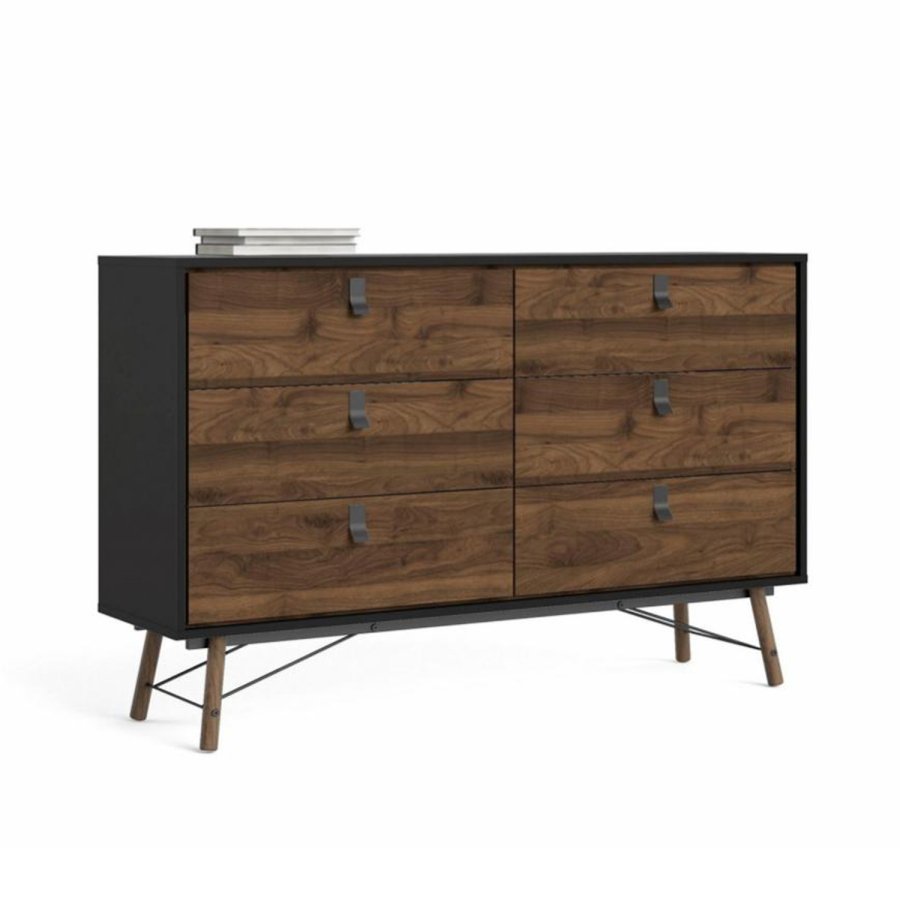 TVILUM Ry dobbelt kommode, m. 6 skuffer - valnd/sort folie og tr