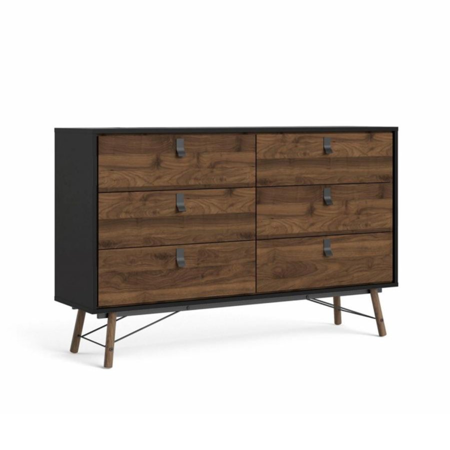 TVILUM Ry dobbelt kommode, m. 6 skuffer - valnd/sort folie og tr