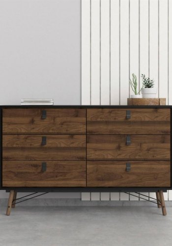 TVILUM Ry dobbelt kommode, m. 6 skuffer - valnd/sort folie og tr