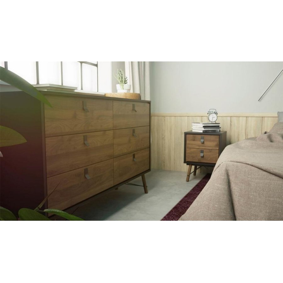 TVILUM Ry dobbelt kommode, m. 6 skuffer - valnd/sort folie og tr