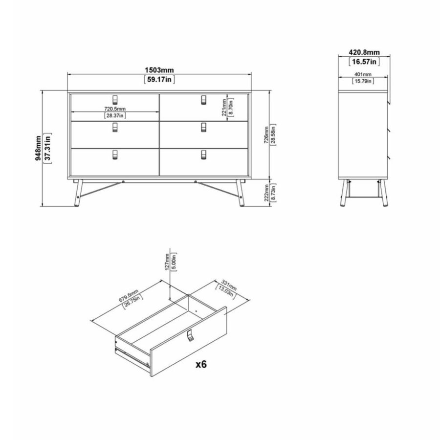TVILUM Ry dobbelt kommode, m. 6 skuffer - valnd/sort folie og tr
