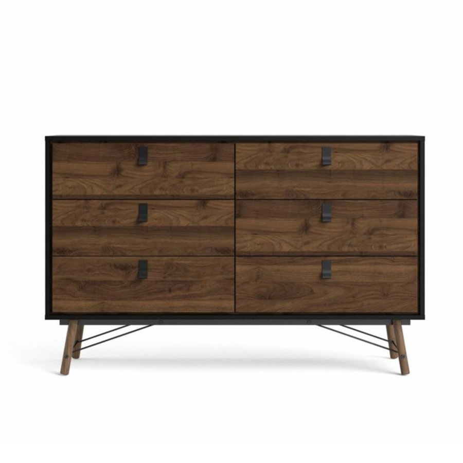 TVILUM Ry dobbelt kommode, m. 6 skuffer - valnd/sort folie og tr