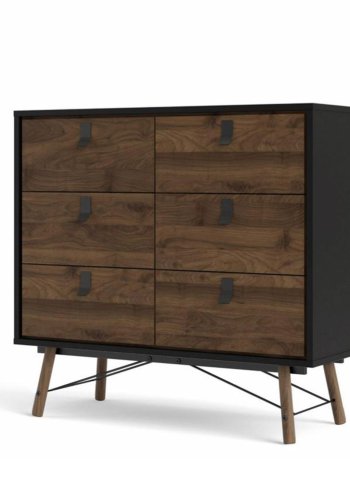 TVILUM Ry dobbelt kommode, m. 6 skuffer - valnd/sort folie og tr