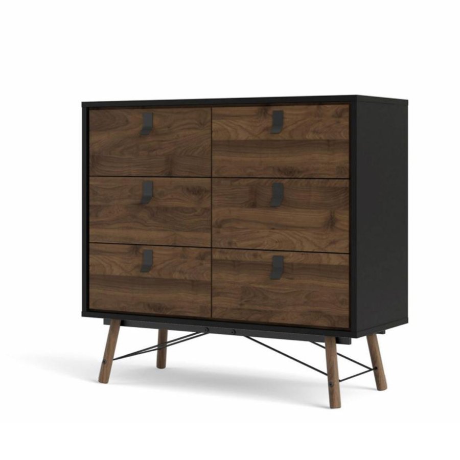 TVILUM Ry dobbelt kommode, m. 6 skuffer - valnd/sort folie og tr