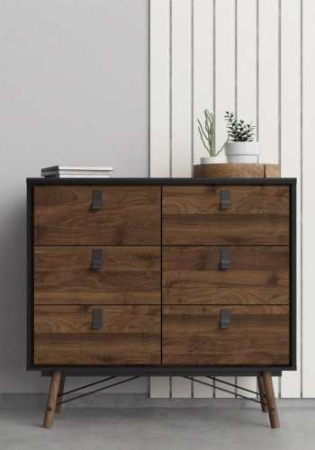 TVILUM Ry dobbelt kommode, m. 6 skuffer - valnd/sort folie og tr