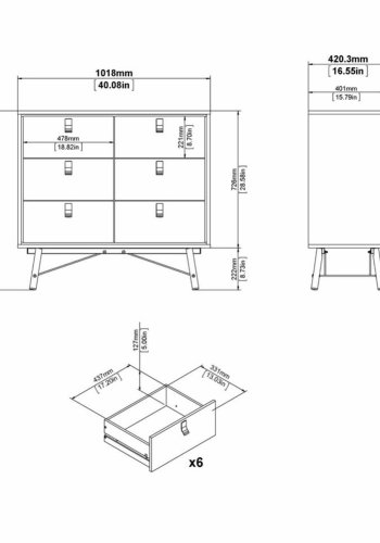 TVILUM Ry dobbelt kommode, m. 6 skuffer - valnd/sort folie og tr