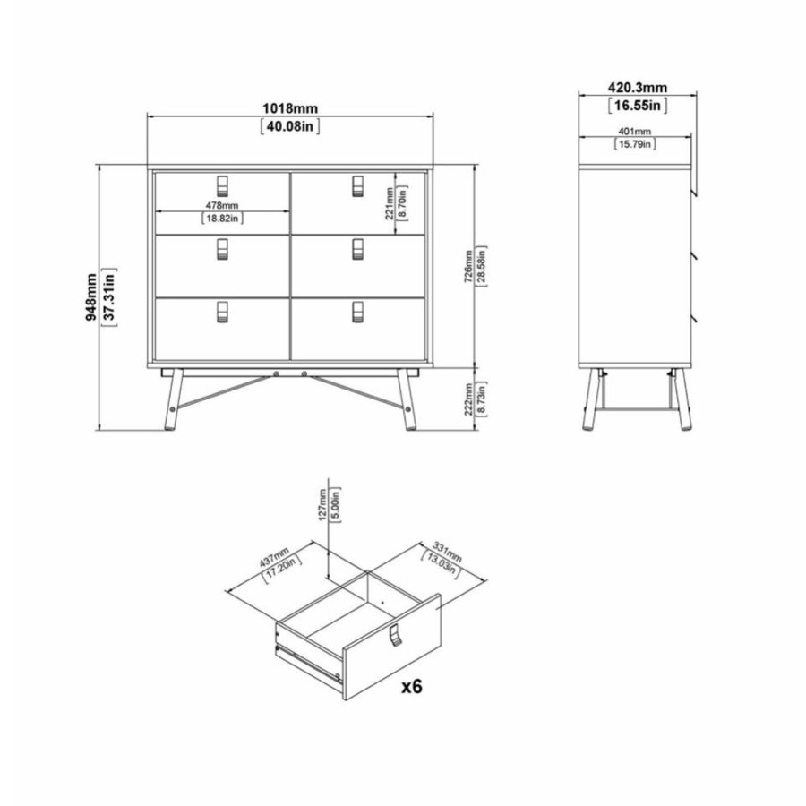 TVILUM Ry dobbelt kommode, m. 6 skuffer - valnd/sort folie og tr