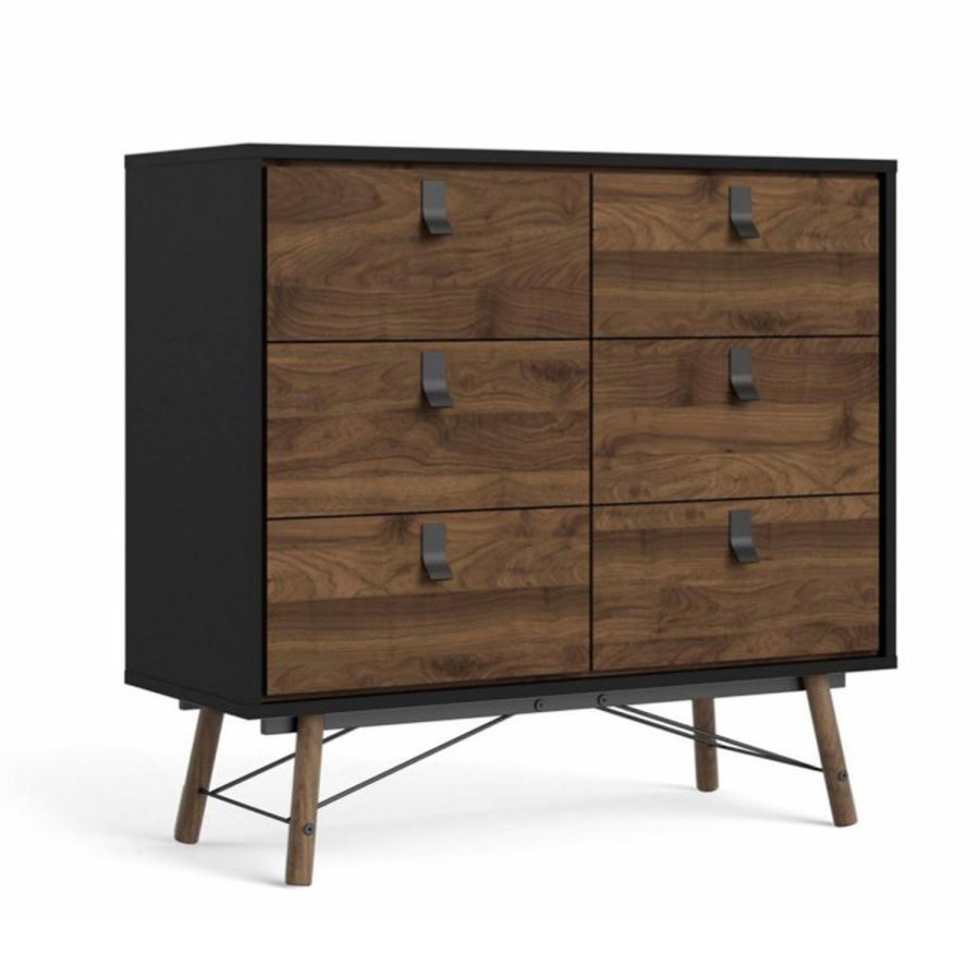 TVILUM Ry dobbelt kommode, m. 6 skuffer - valnd/sort folie og tr