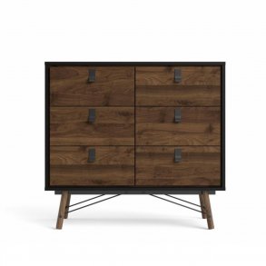 TVILUM Ry dobbelt kommode, m. 6 skuffer - valnd/sort folie og tr