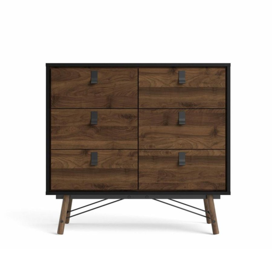 TVILUM Ry dobbelt kommode, m. 6 skuffer - valnd/sort folie og tr