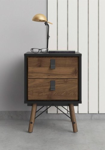 TVILUM Ry sengebord, m. 2 skuffer - valnd/sort folie og valnd tr (43,3x40,1)