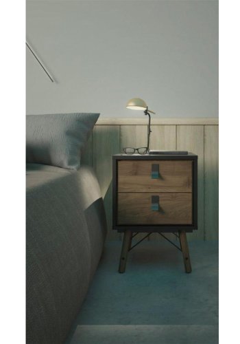 TVILUM Ry sengebord, m. 2 skuffer - valnd/sort folie og valnd tr (43,3x40,1)