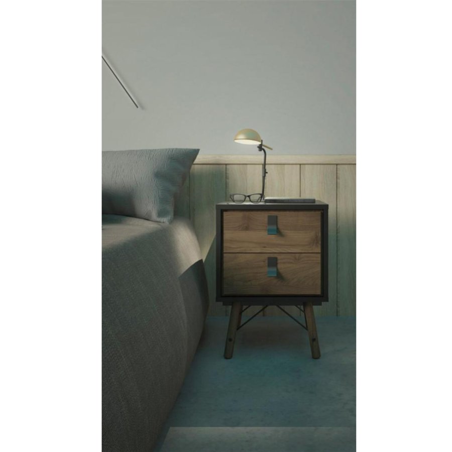 TVILUM Ry sengebord, m. 2 skuffer - valnd/sort folie og valnd tr (43,3x40,1)