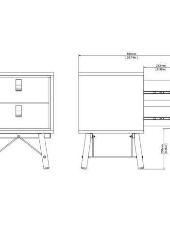 TVILUM Ry sengebord, m. 2 skuffer - valnd/sort folie og valnd tr (43,3x40,1)