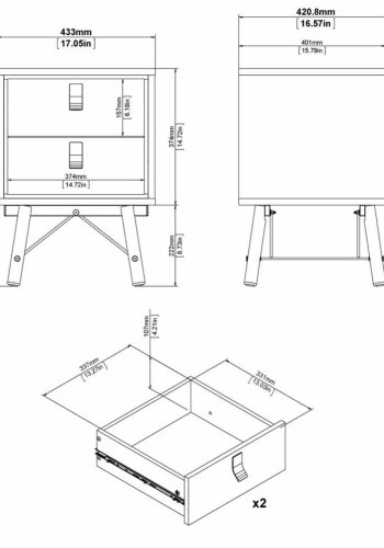 TVILUM Ry sengebord, m. 2 skuffer - valnd/sort folie og valnd tr (43,3x40,1)