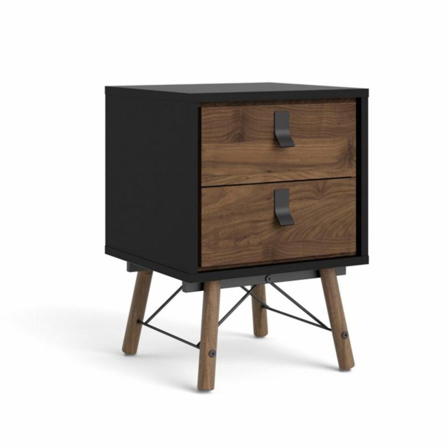 TVILUM Ry sengebord, m. 2 skuffer - valnd/sort folie og valnd tr (43,3x40,1)