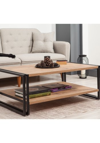 NORDVÄRK Cosmo Rectus sofabord, m. 1 hylde - Atlantic Pine melamin og sort metal (110x70)