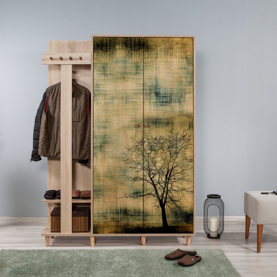 NORDVÄRK Garmanto entrést, m. 4 knager, 2 lger m. mnster, 11 hylder - natur melamin og bg