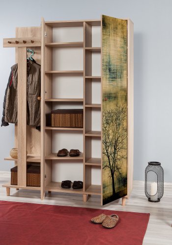 NORDVÄRK Garmanto entrést, m. 4 knager, 2 lger m. mnster, 11 hylder - natur melamin og bg