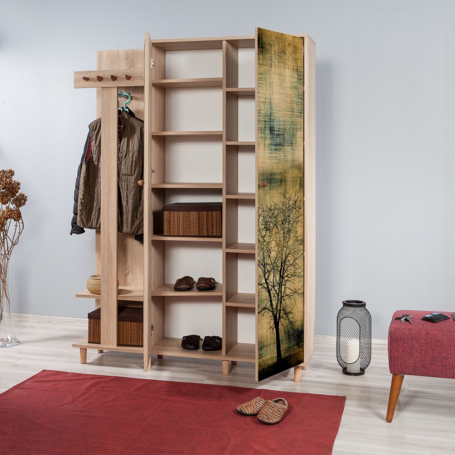 NORDVÄRK Garmanto entrést, m. 4 knager, 2 lger m. mnster, 11 hylder - natur melamin og bg