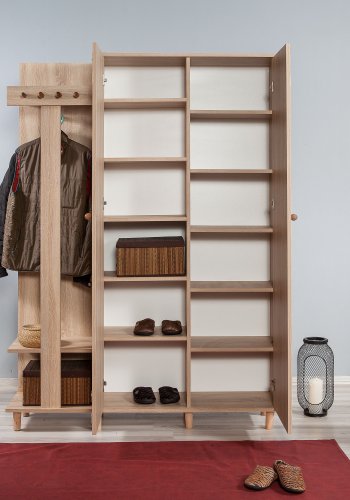 NORDVÄRK Garmanto entrést, m. 4 knager, 2 lger m. mnster, 11 hylder - natur melamin og bg