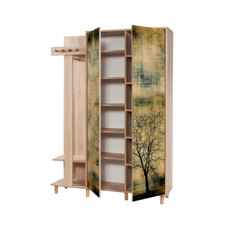 NORDVÄRK Garmanto entrést, m. 4 knager, 2 lger m. mnster, 11 hylder - natur melamin og bg