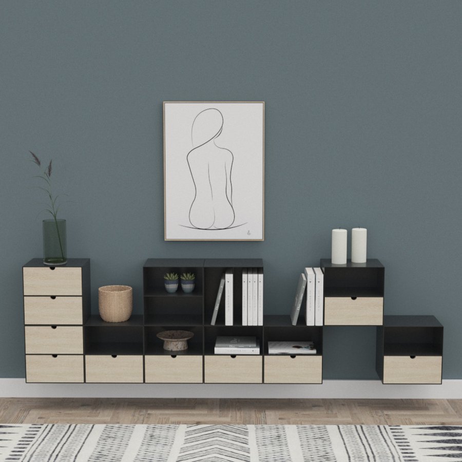 ACT NORDIC Joliet vghngt natbord, m. hylde og skuffe - natur bambus og sort metal (30x25)