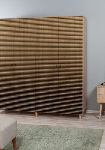 NORDVÄRK garderobeskab, m. 4 lger, 2 bjlestnger, 7 hylder - natur melamin og avnbg