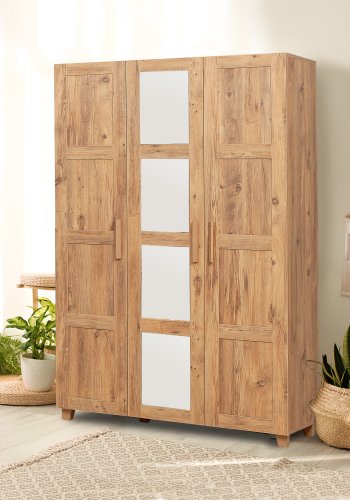 NORDVÄRK Hedera garderobeskab, m. 3 lger, 1 bjlestang, 4 hylder - natur og hvid melamin