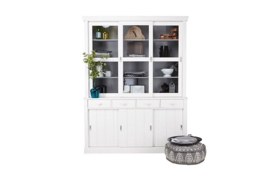 WOOOD Lagos vitrineskab, m. 6 skydelger og 4 skuffer - glas og hvid fyrretr