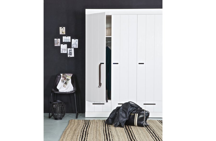 WOOOD Connect garderobeskab, m. 3 lger, 4 hylder, 1 bjlestang og 3 skuffer - hvid fyrretr