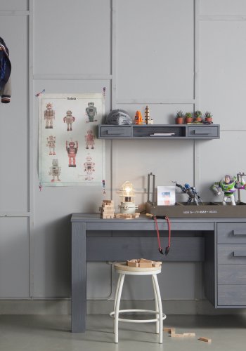 WOOOD Dennis skrivebord, m. 1 lge, 1 hylde og 1 skuffe - stlgr fyrretr (141x59)