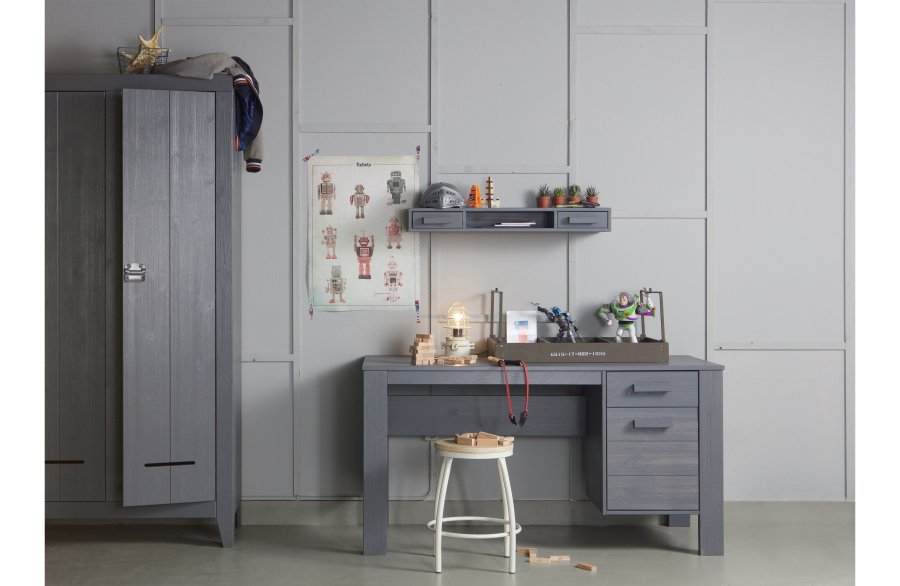 WOOOD Dennis skrivebord, m. 1 lge, 1 hylde og 1 skuffe - stlgr fyrretr (141x59)