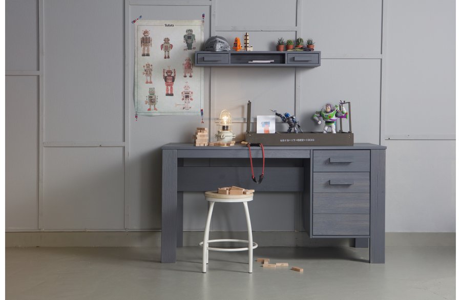 WOOOD Dennis skrivebord, m. 1 lge, 1 hylde og 1 skuffe - stlgr fyrretr (141x59)