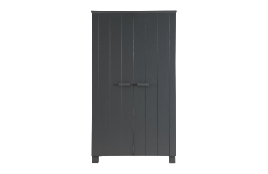 WOOOD Dennis garderobeskab til brn, m. 2 lger, 4 hylder og en bjlestang - stlgr fyrretr