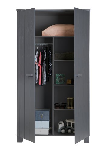 WOOOD Dennis garderobeskab til brn, m. 2 lger, 4 hylder og en bjlestang - stlgr fyrretr