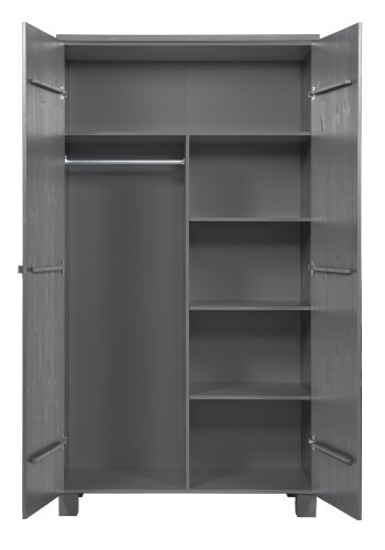 WOOOD Dennis garderobeskab til brn, m. 2 lger, 4 hylder og en bjlestang - stlgr fyrretr