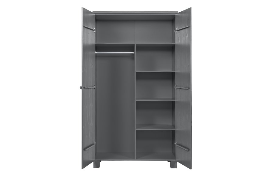 WOOOD Dennis garderobeskab til brn, m. 2 lger, 4 hylder og en bjlestang - stlgr fyrretr