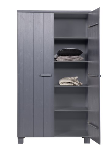 WOOOD Dennis garderobeskab til brn, m. 2 lger, 4 hylder og en bjlestang - stlgr fyrretr