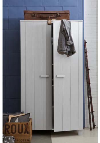 WOOOD Dennis garderobeskab, m. 2 lger, 4 hylder og 1 bjlestang - beton gr fyrretr og melamin