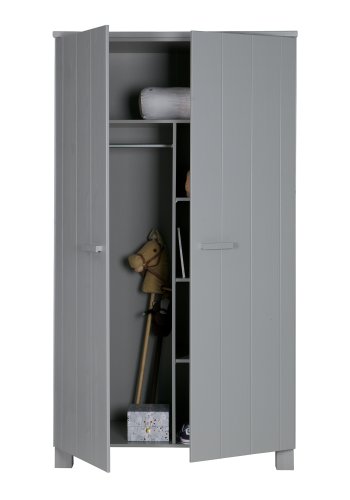 WOOOD Dennis garderobeskab, m. 2 lger, 4 hylder og 1 bjlestang - beton gr fyrretr og melamin