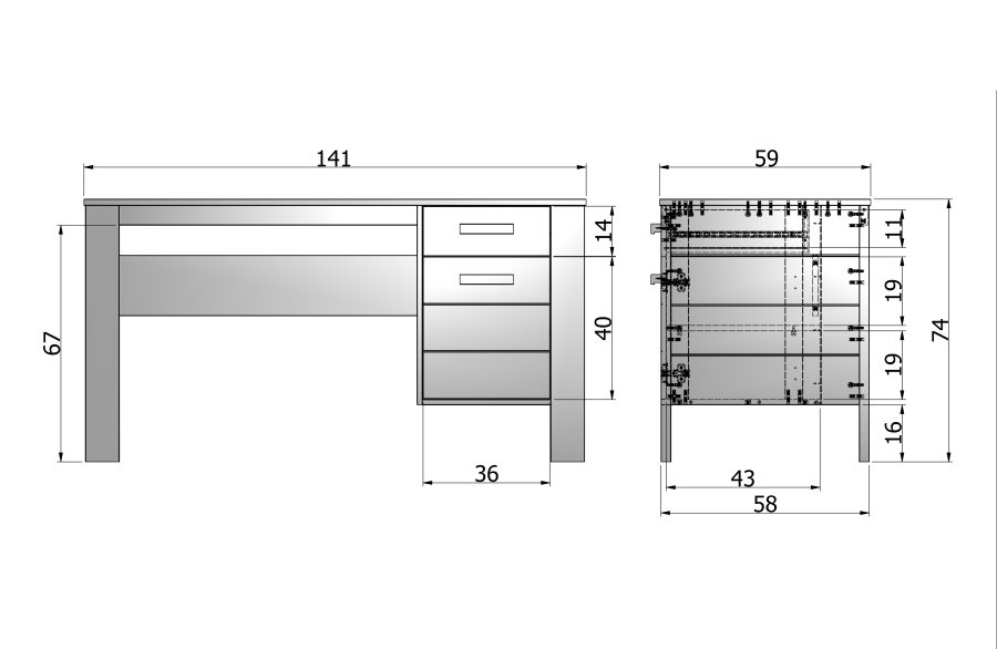 WOOOD Dennis skrivebord, m. 1 lge, 1 hylde og 1 skuffe - betongr fyrretr (141x59)
