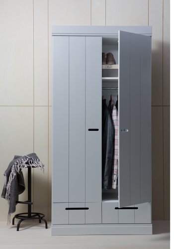 WOOOD Connect garderobeskab, m. 2 lger, 1 hylde, 1 bjlestang og 2 skuffer - betongr fyrretr