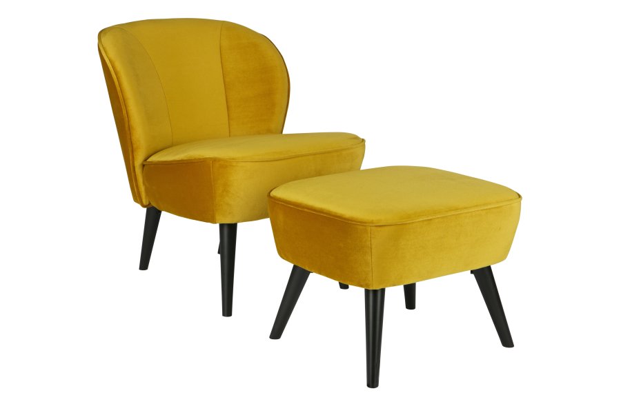 WOOOD Sara skammel, rektangulr - okker polyester fljl og sort tr (56x36)