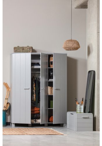 WOOOD Dennis garderobeskab til brn, m. 3 lger, 5 hylder og 1 bjlestang - beton gr fyrretr