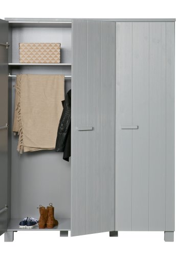 WOOOD Dennis garderobeskab til brn, m. 3 lger, 5 hylder og 1 bjlestang - beton gr fyrretr