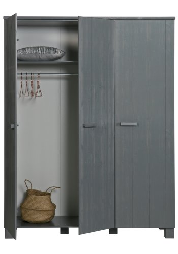 WOOOD Dennis garderobeskab til brn, m. 3 lger, 5 hylder og 1 bjlestang - stlgr fyrretr