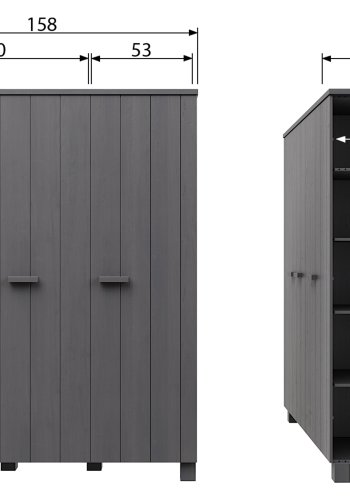 WOOOD Dennis garderobeskab til brn, m. 3 lger, 5 hylder og 1 bjlestang - stlgr fyrretr