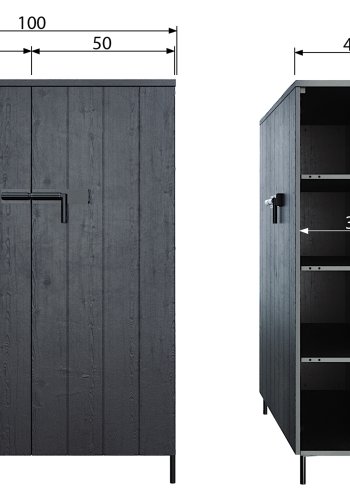 WOOOD Bruut skab, m. 2 lger og 3 hylder - sort fyrretr og metal