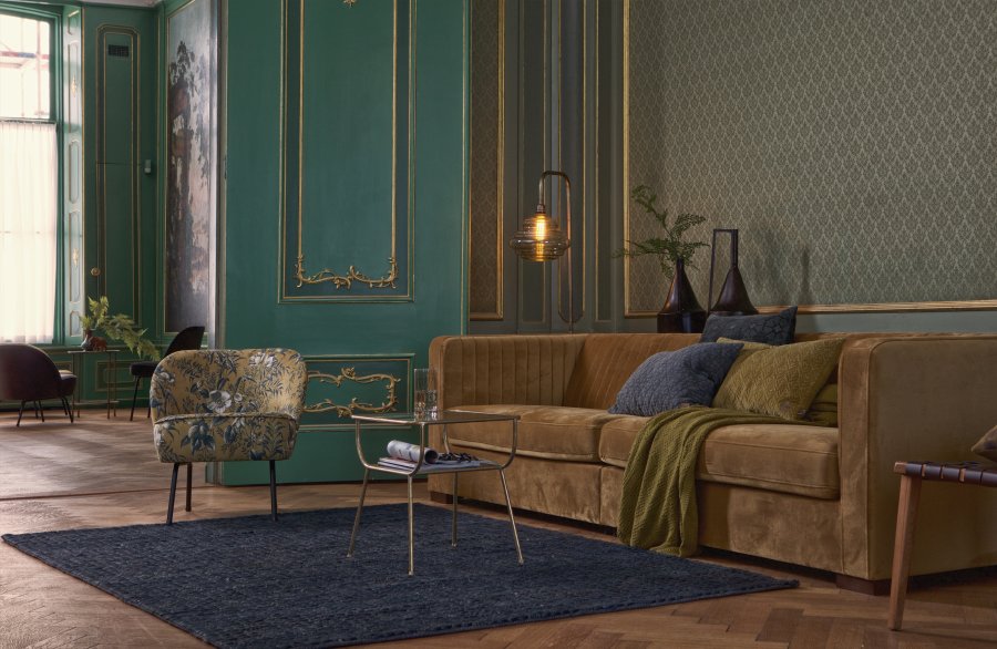 BEPUREHOME Vogue lnestol - sennepsgul fljl polyester m. valmueprint og sort metal